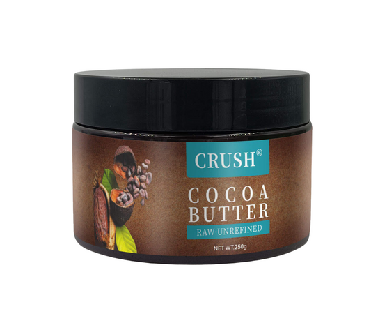 CRUSH cocoa butter body cream jar with black lid, brown container