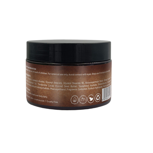 CRUSH cocoa butter body cream jar, black lid, back label text panel