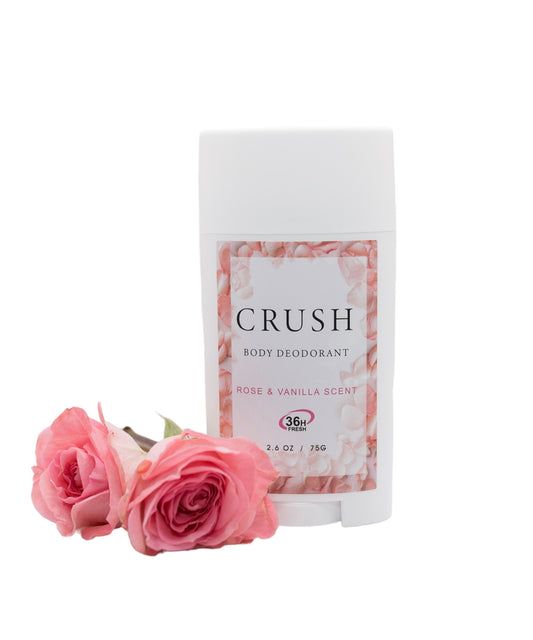 CRUSH body deodorant stick, rose & vanilla scent, aluminum-free, white container
