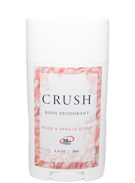 CRUSH body deodorant stick, rose & vanilla scent, aluminum-free, white label