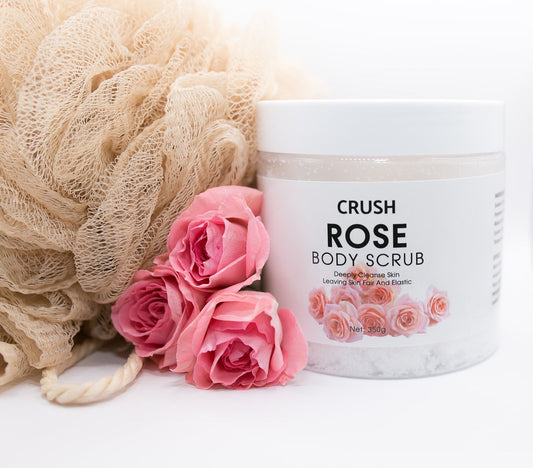 CRUSH Rose body scrub jar with pink rose accents, translucent pink scrub