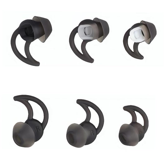 Black silicone earbud tips set with three sizes, curved ergonomic fit