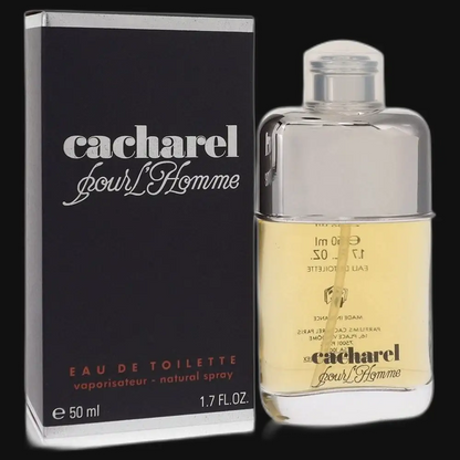 Men’s eau de toilette bottle and black box, clear glass with pale yellow liquid, 50 ml
