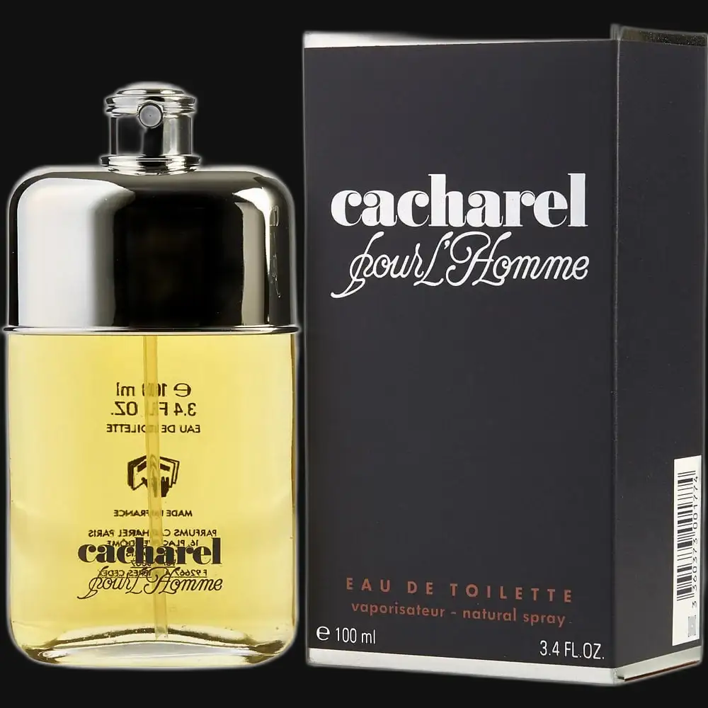 Men’s eau de toilette bottle and black box, clear glass with pale yellow liquid, 100 ml