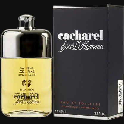 Men’s eau de toilette bottle and black box, clear glass with pale yellow liquid, 100 ml