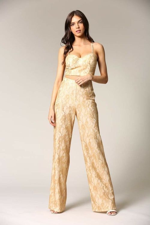 Caeli - A two-piece gold lace set featuring built-in underwire and bra Size S - Renee Lane Company