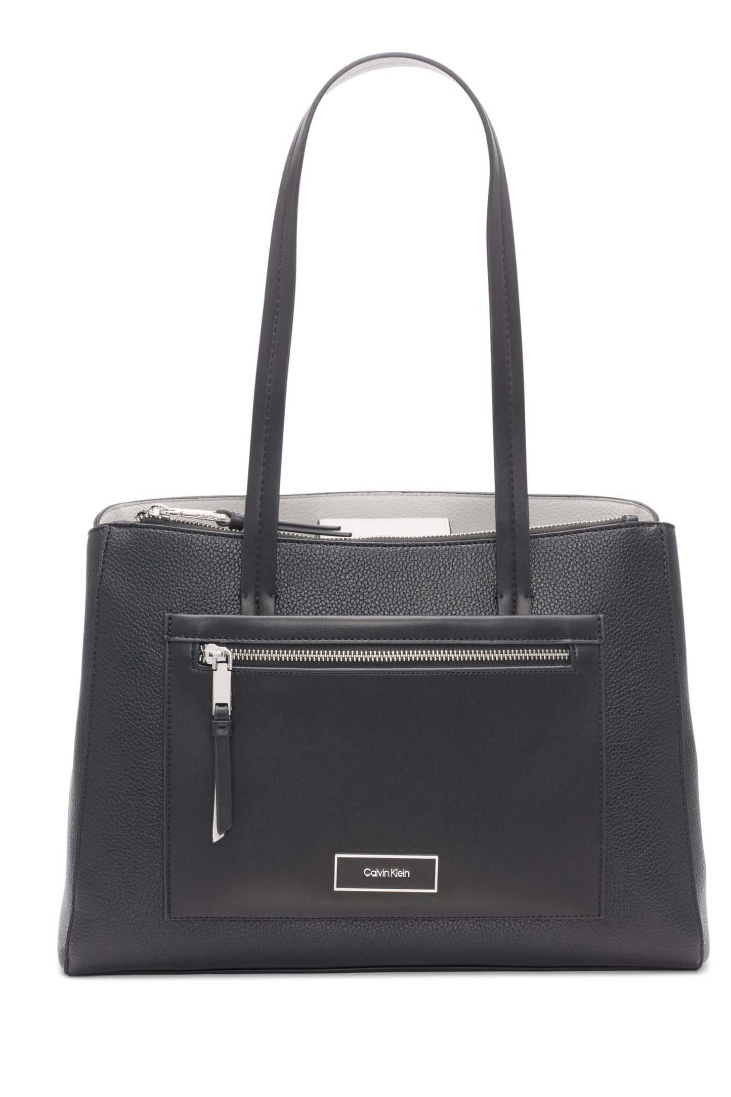 Calvin Klein Womens Hadley Tote Bag – 2 in 1 Vegan Leather 5 Pockets Black/Dove One Size - Renee Lane Company