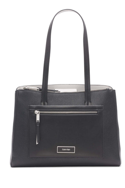 Calvin Klein Womens Hadley Tote Bag – 2 in 1 Vegan Leather 5 Pockets Black/Dove One Size - Renee Lane Company
