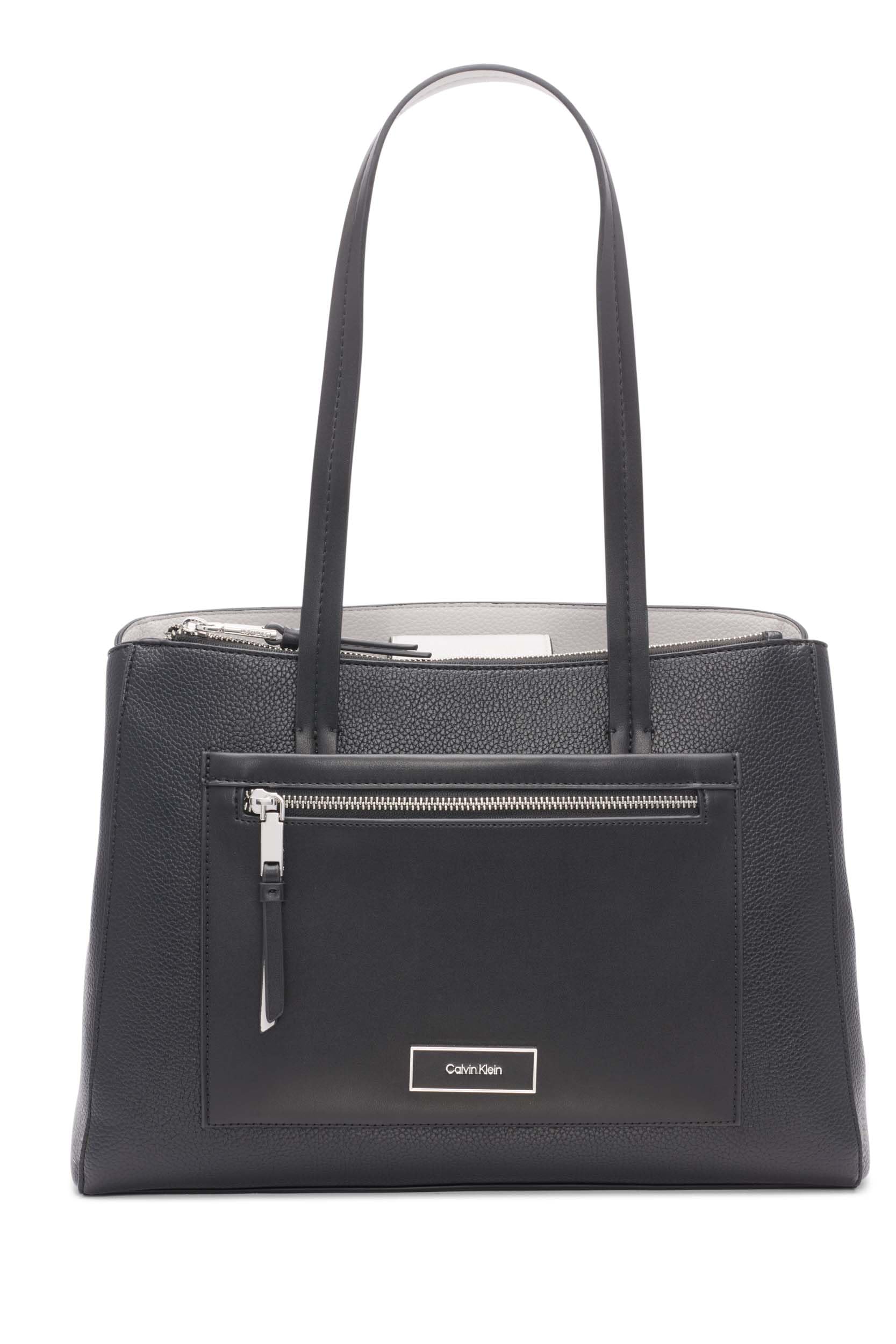Calvin Klein Womens Hadley Tote Bag – 2 in 1 Vegan Leather 5 Pockets Black/Dove One Size - Renee Lane Company
