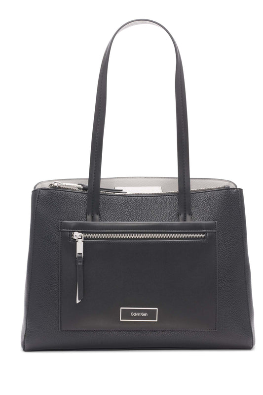 Calvin Klein Womens Hadley Tote Bag – 2 in 1 Vegan Leather 5 Pockets Black/Dove One Size - Renee Lane Company