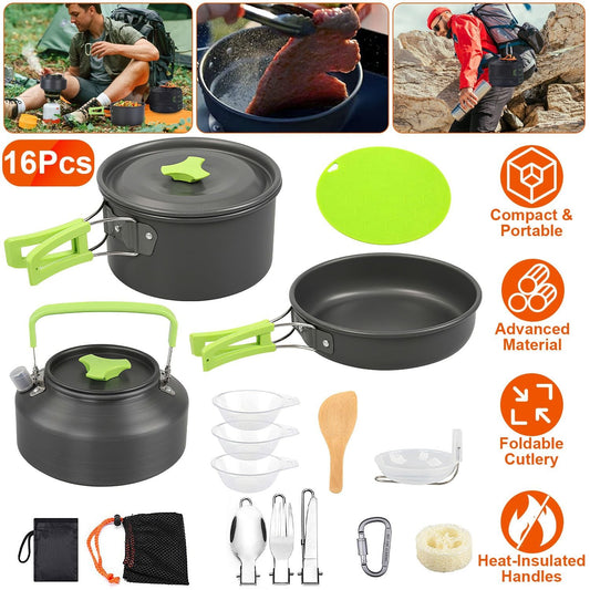 Camping Cooking Ware Set of 16Pcs Camping Stove Cookware Kit Aluminum Kettle with Bowls Knife Fork Spoon Carabiner Spatula Cutting Board for Hiking Picnic Outdoor - Renee Lane Company