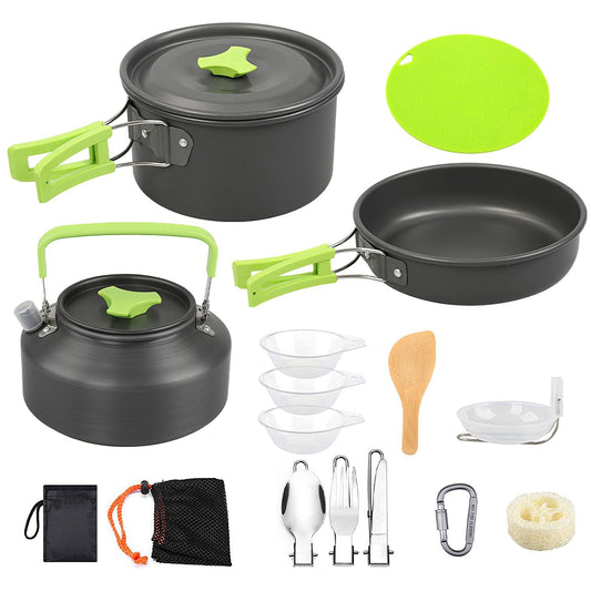 Camping Cooking Ware Set of 16Pcs Camping Stove Cookware Kit Aluminum Kettle with Bowls Knife Fork Spoon Carabiner Spatula Cutting Board for Hiking Picnic Outdoor - Renee Lane Company