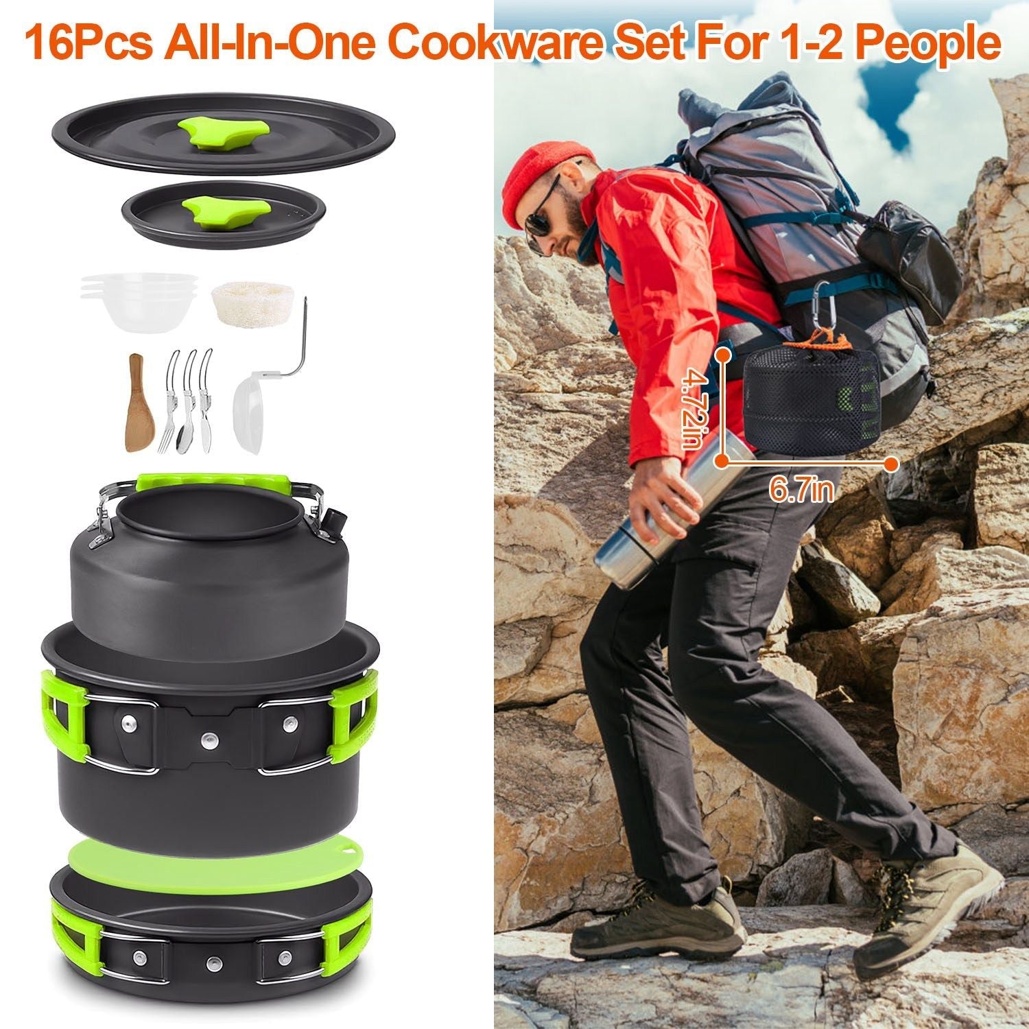 Camping Cooking Ware Set of 16Pcs Camping Stove Cookware Kit Aluminum Kettle with Bowls Knife Fork Spoon Carabiner Spatula Cutting Board for Hiking Picnic Outdoor - Renee Lane Company
