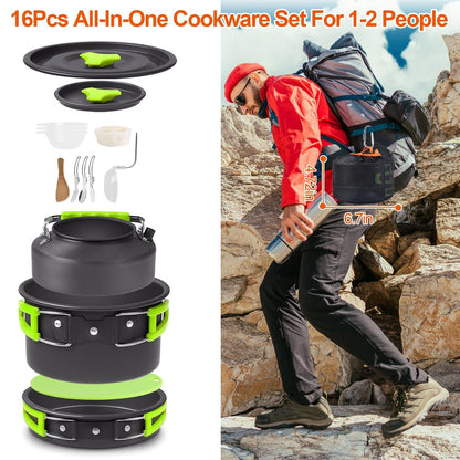 Camping Cooking Ware Set of 16Pcs Camping Stove Cookware Kit Aluminum Kettle with Bowls Knife Fork Spoon Carabiner Spatula Cutting Board for Hiking Picnic Outdoor - Renee Lane Company