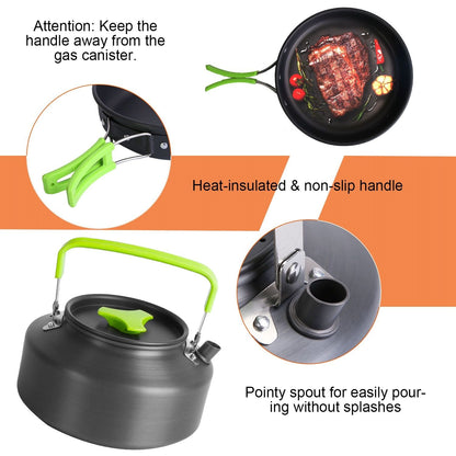 Camping Cooking Ware Set of 16Pcs Camping Stove Cookware Kit Aluminum Kettle with Bowls Knife Fork Spoon Carabiner Spatula Cutting Board for Hiking Picnic Outdoor - Renee Lane Company