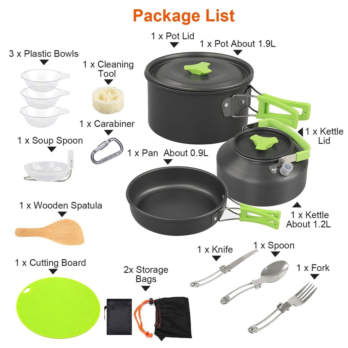 Camping Cooking Ware Set of 16Pcs Camping Stove Cookware Kit Aluminum Kettle with Bowls Knife Fork Spoon Carabiner Spatula Cutting Board for Hiking Picnic Outdoor - Renee Lane Company