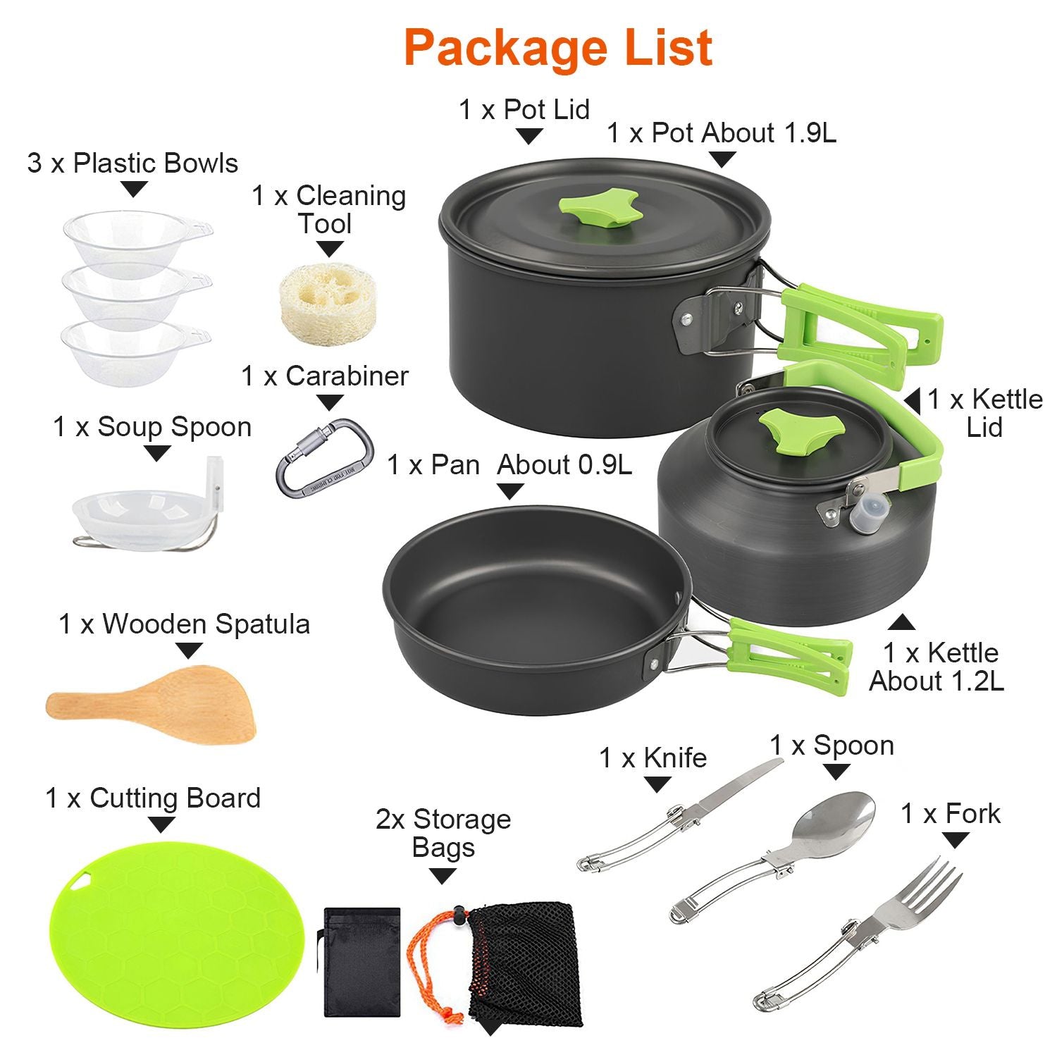 Camping Cooking Ware Set of 16Pcs Camping Stove Cookware Kit Aluminum Kettle with Bowls Knife Fork Spoon Carabiner Spatula Cutting Board for Hiking Picnic Outdoor - Renee Lane Company