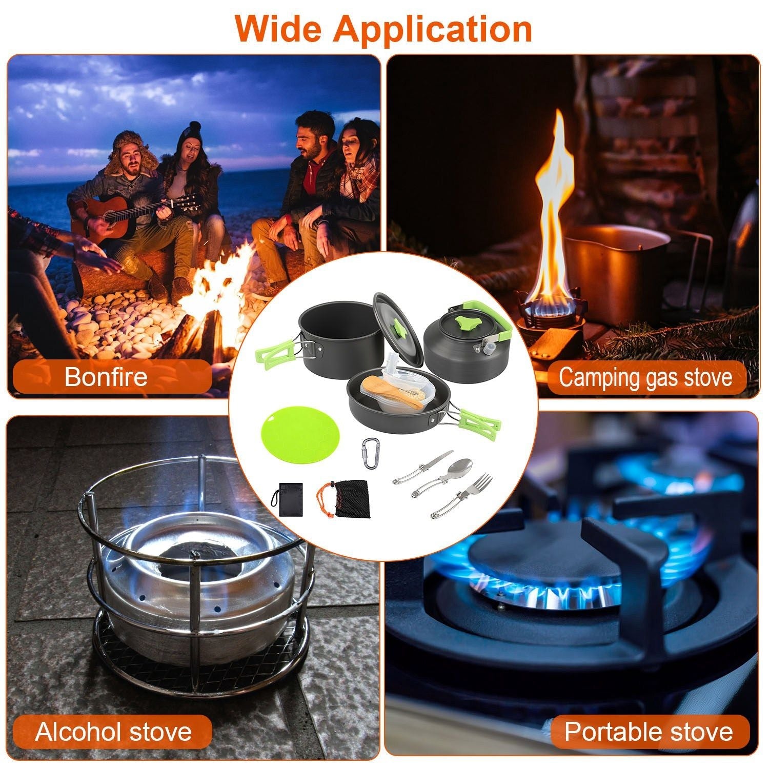 Camping Cooking Ware Set of 16Pcs Camping Stove Cookware Kit Aluminum Kettle with Bowls Knife Fork Spoon Carabiner Spatula Cutting Board for Hiking Picnic Outdoor - Renee Lane Company