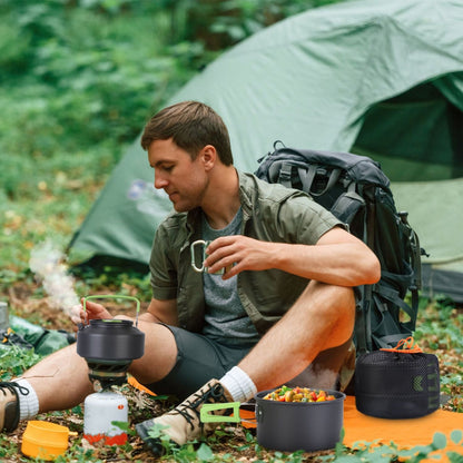 Camping Cooking Ware Set of 16Pcs Camping Stove Cookware Kit Aluminum Kettle with Bowls Knife Fork Spoon Carabiner Spatula Cutting Board for Hiking Picnic Outdoor - Renee Lane Company