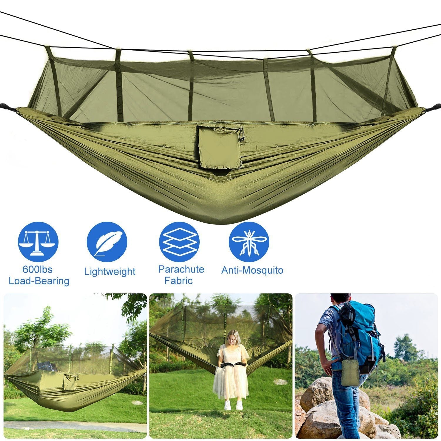 Camping Hammock with Mosquito Net, Portable Double Hammock Tent Load Two People with 2 Straps, Best for Outdoor Garden Hiking Travel - Renee Lane Company