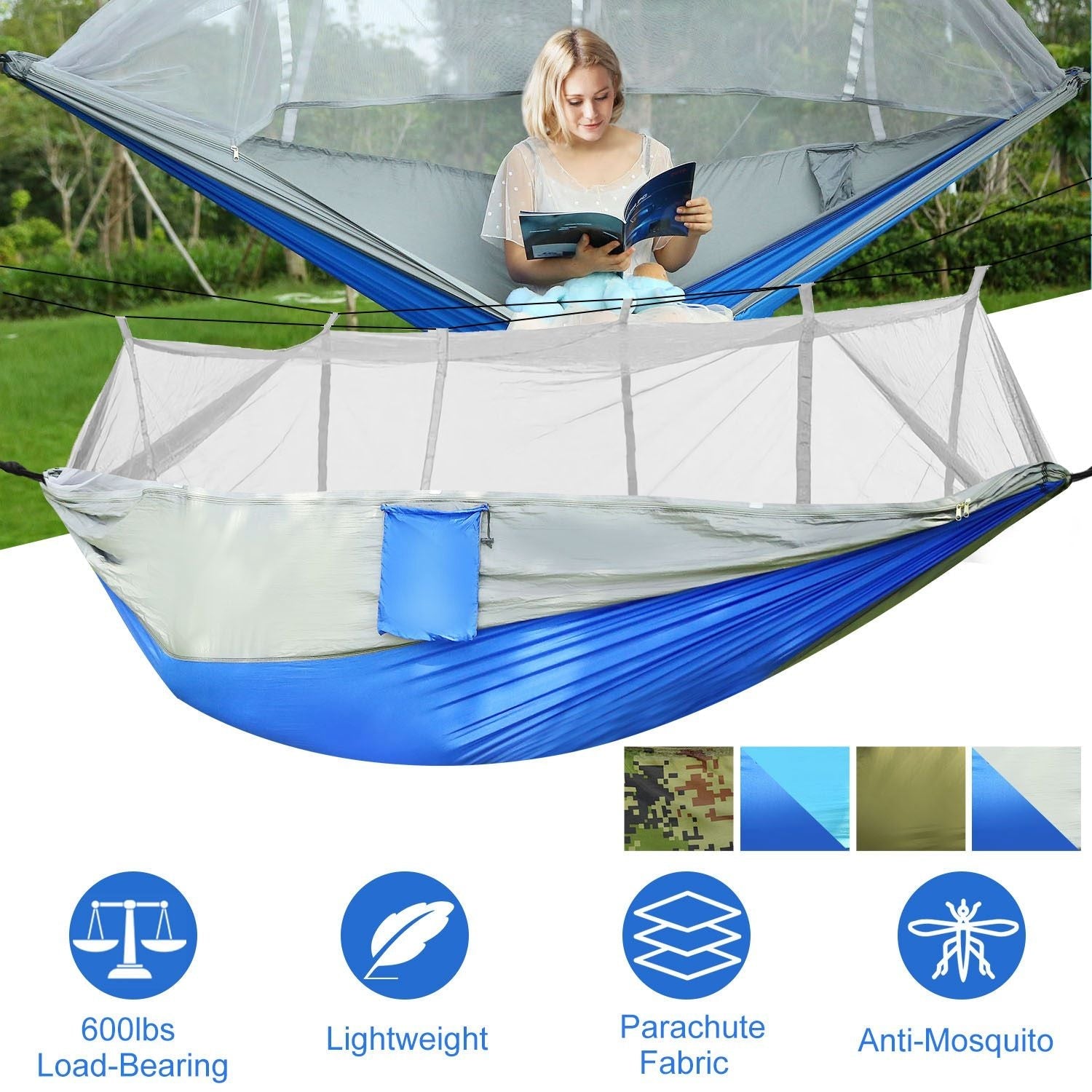 Camping Hammock with Mosquito Net, Portable Double Hammock Tent Load Two People with 2 Straps, Best for Outdoor Garden Hiking Travel - Renee Lane Company