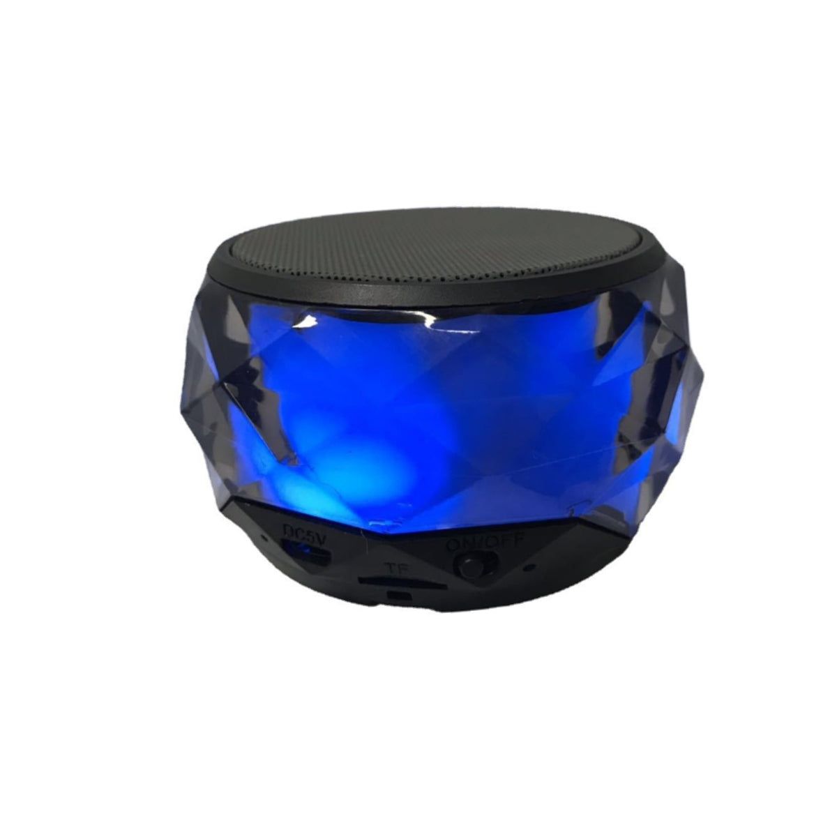 Mini LED Bluetooth speaker with blue glow and faceted sides, black top grille