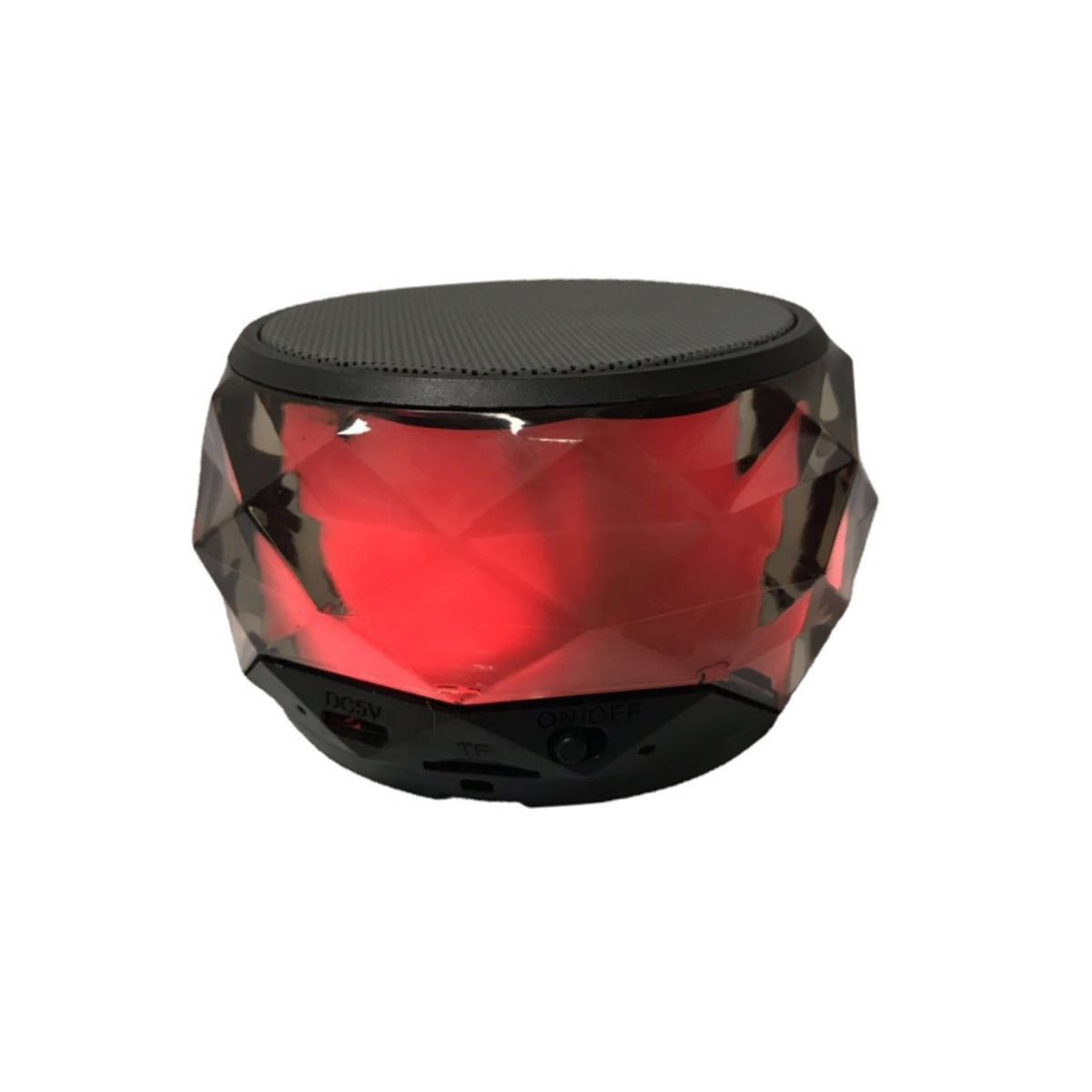 Mini LED Bluetooth speaker with red glow and faceted sides, black top grille