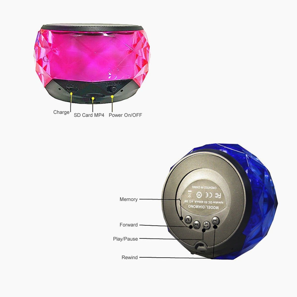 LED mini Bluetooth speaker with pink faceted body, black top, side control labels.