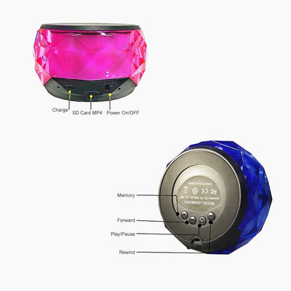 LED mini Bluetooth speaker with pink faceted body, black top, side control labels.