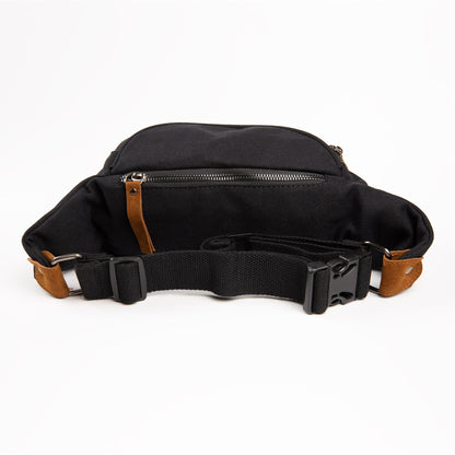 Canvas crossbody fanny pack, black; adjustable waist strap and front zipper