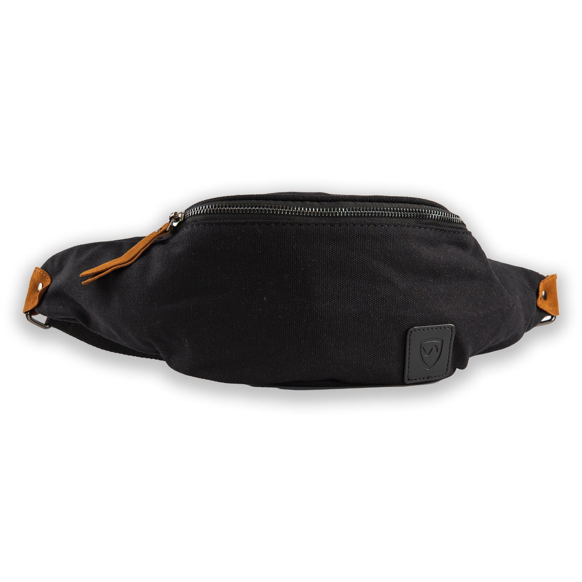 Canvas crossbody fanny pack, black with tan zipper pull and front logo patch