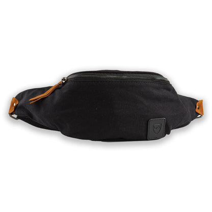 Canvas crossbody fanny pack, black with tan zipper pull and front logo patch