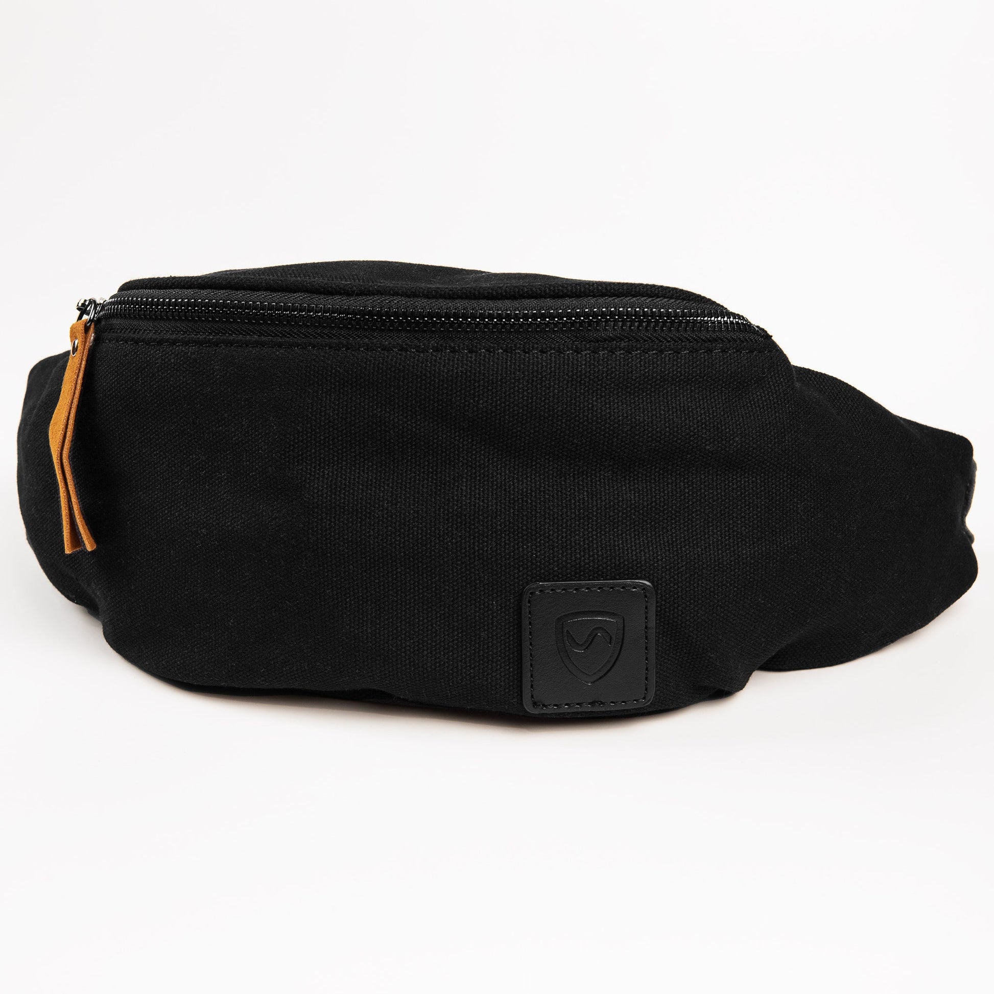 Canvas crossbody fanny pack, black; front logo patch and top zipper