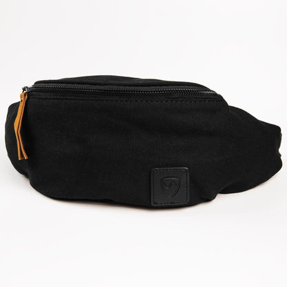Canvas crossbody fanny pack, black; front logo patch and top zipper