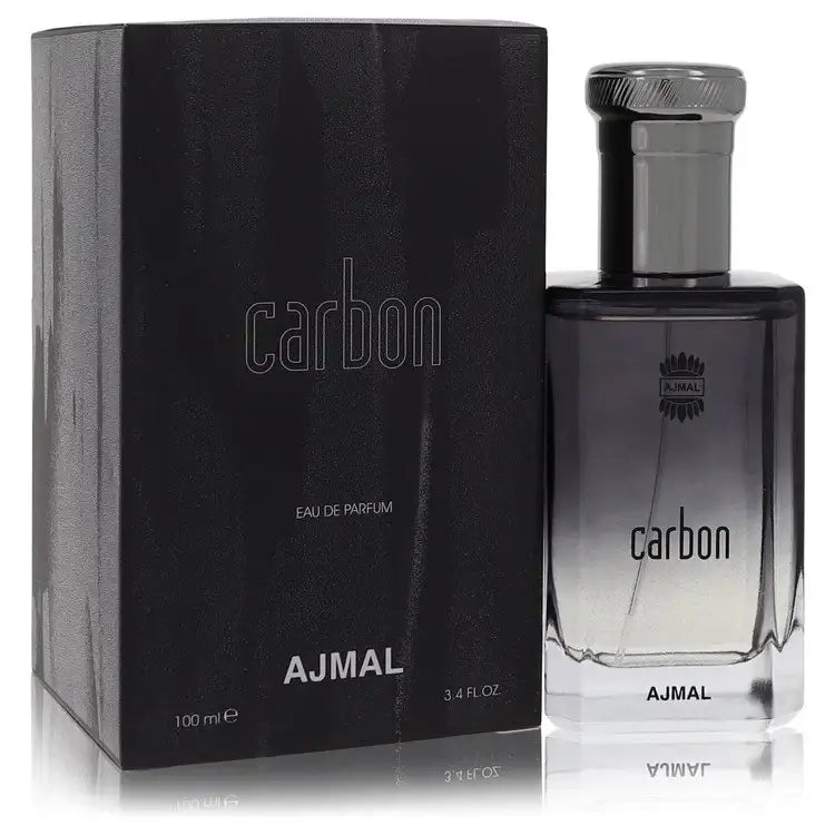Men's carbon cologne bottle and box, dark glass with silver-toned cap