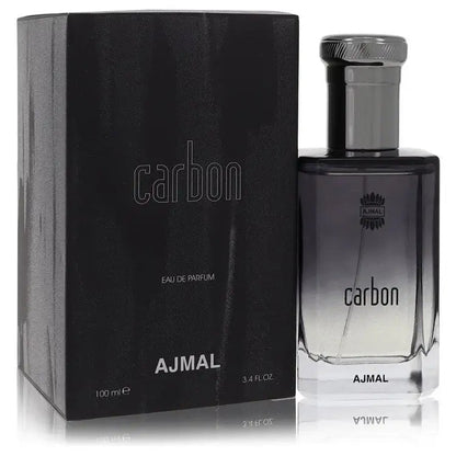 Men's carbon cologne bottle and box, dark glass with silver-toned cap