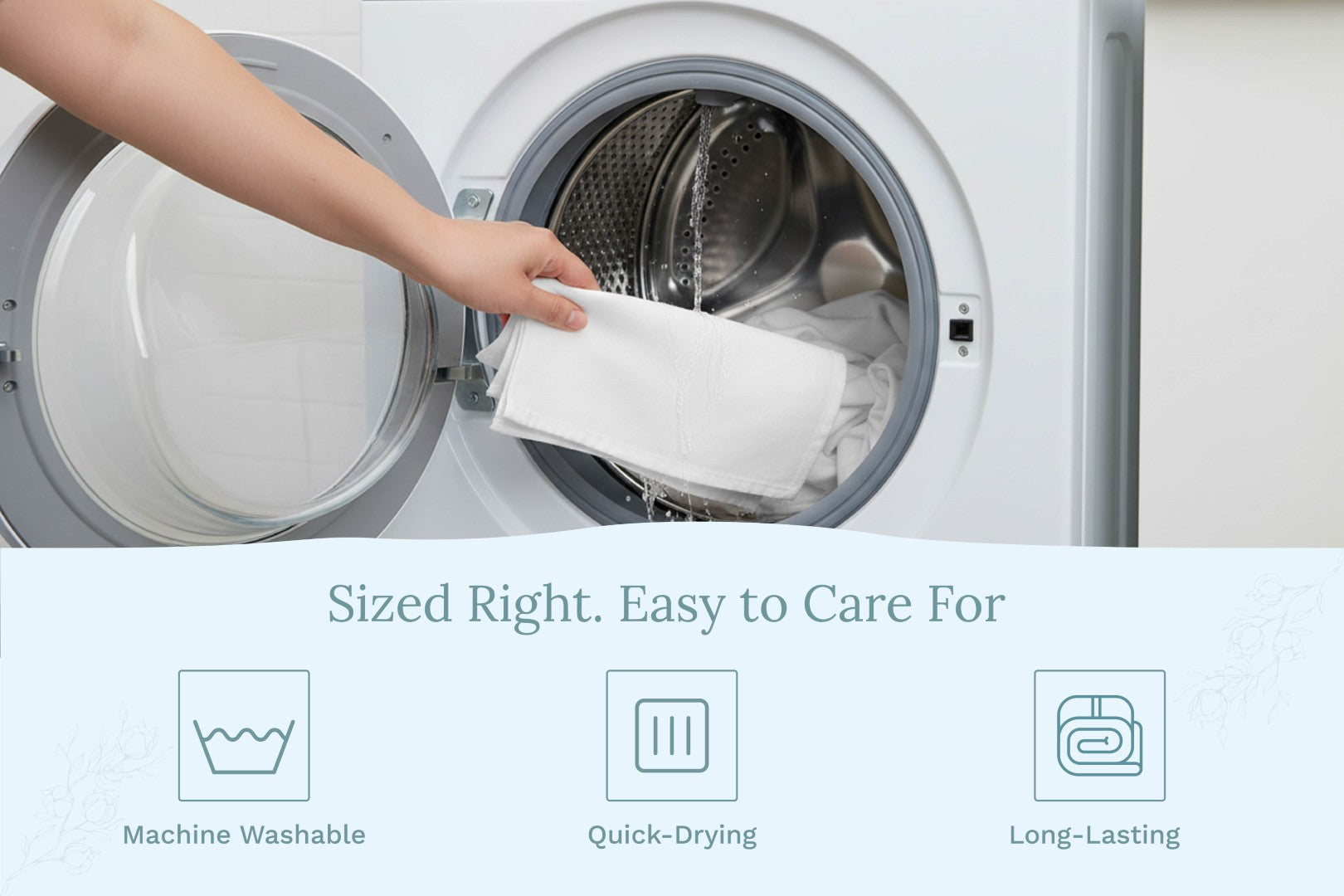 White flour sack kitchen towel being placed in a washing machine