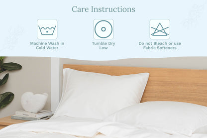 Pure white pillowcase on bed with care icon row above