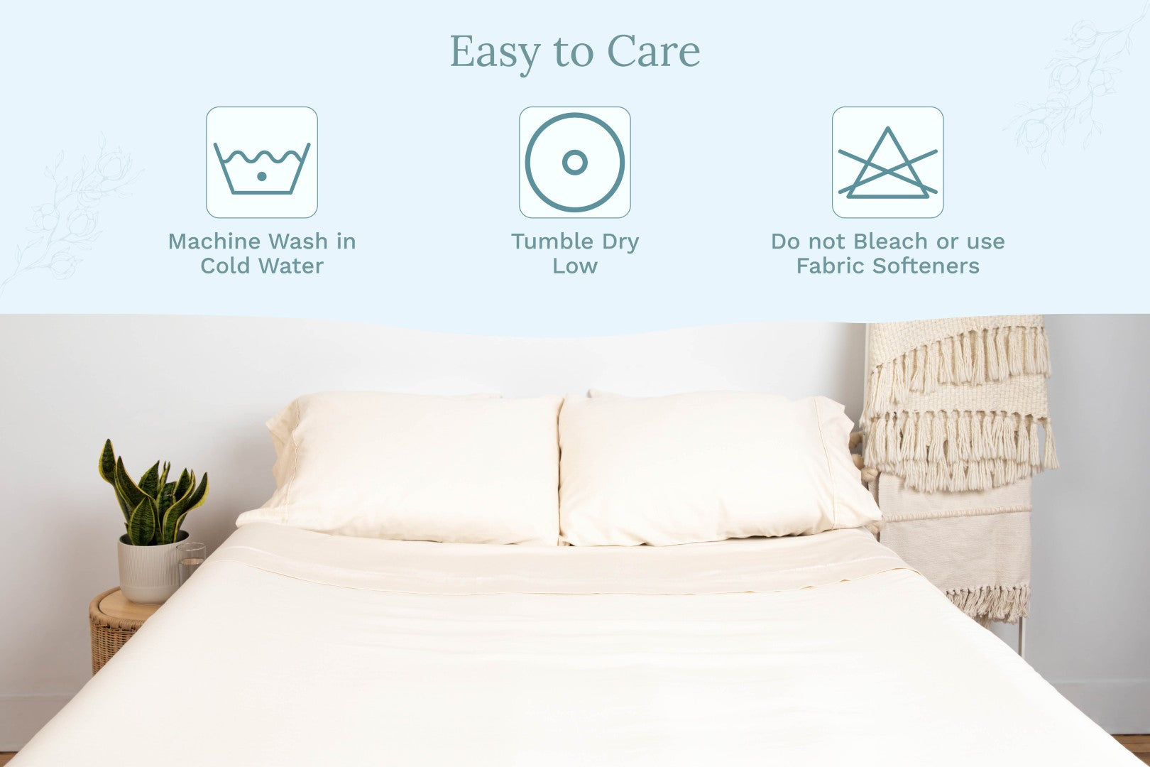 Light cream bedsheet set on a bed with matching pillowcases