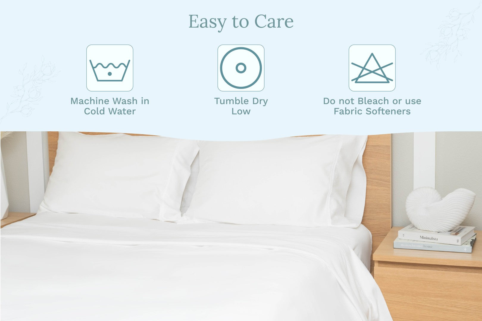 Off-white organic sateen bed sheets set styled on bed with smooth drape