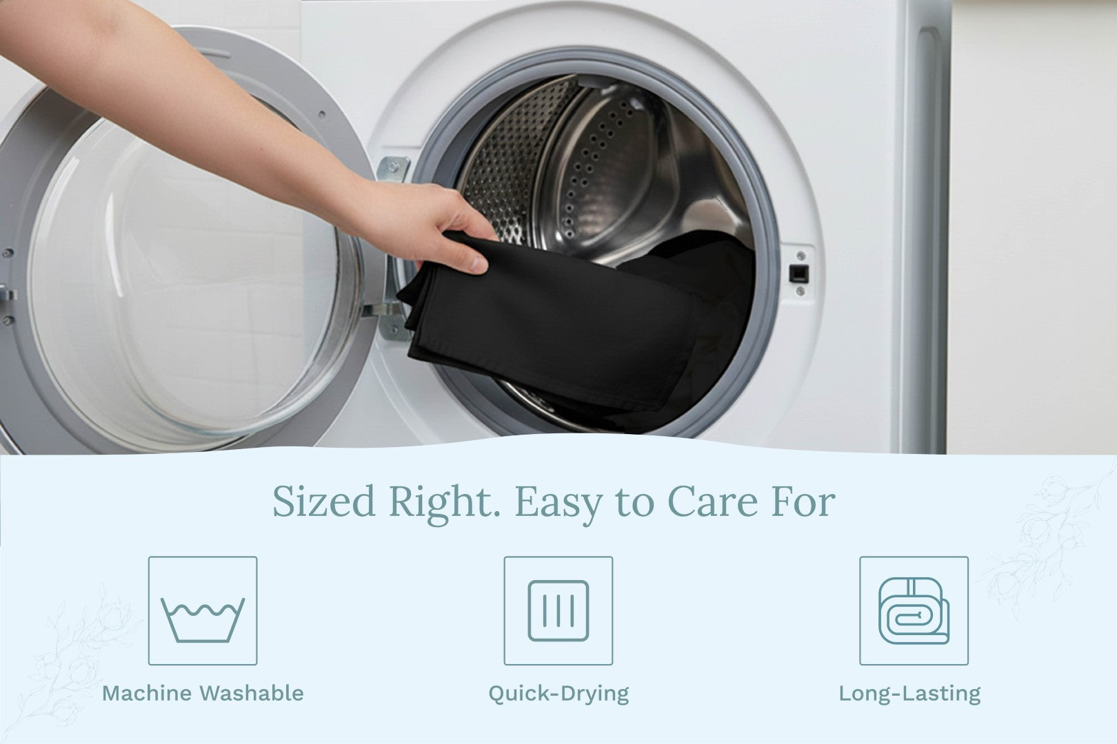 Black flour sack kitchen towel being placed into a washing machine