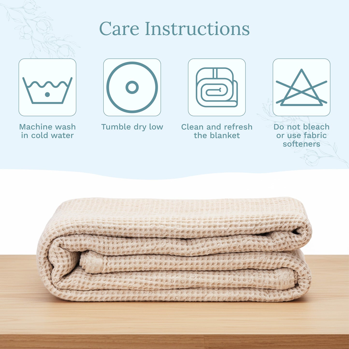 Waffle-weave blanket stack in light beige, neatly folded with textured grid.
