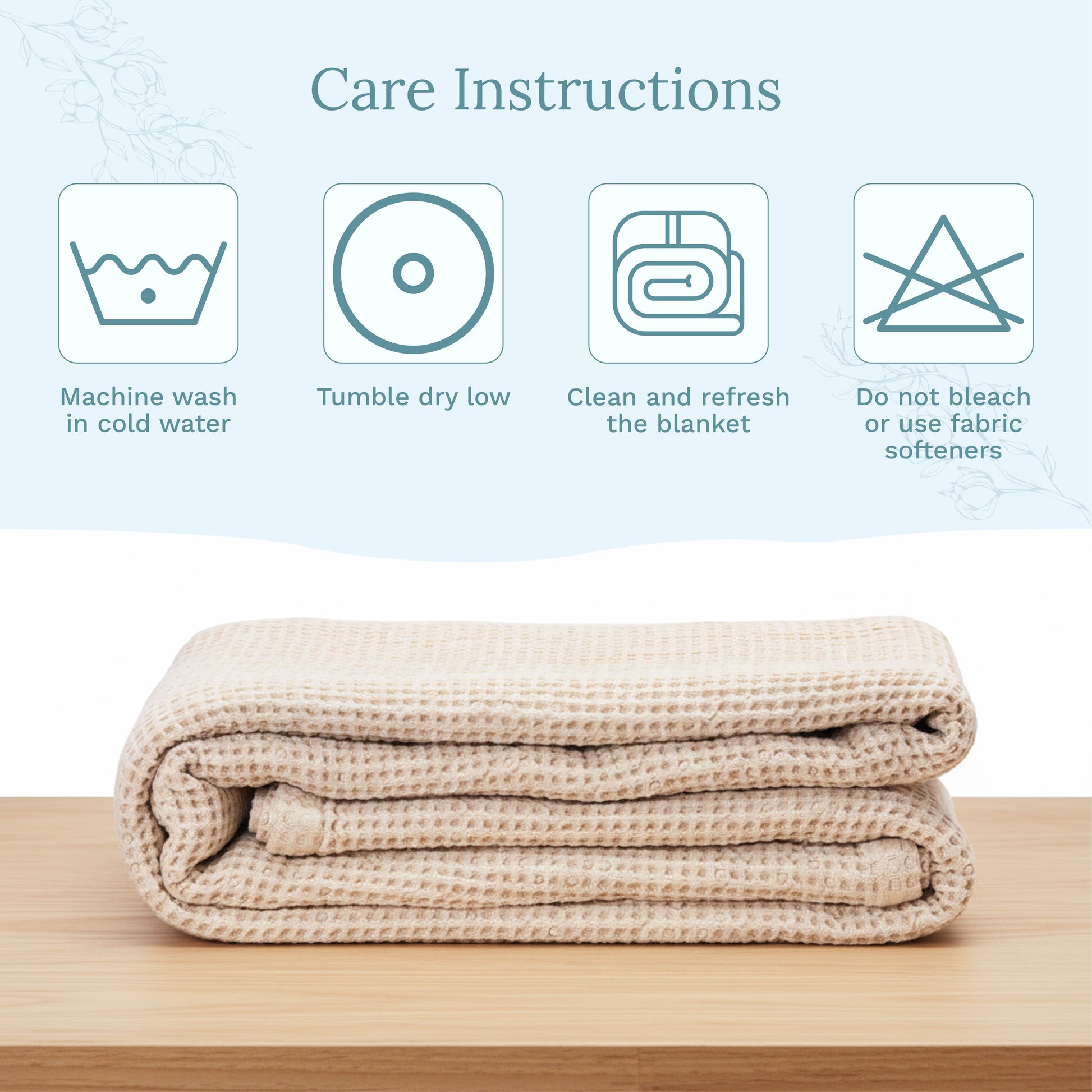 Waffle-weave blanket stack in light beige, neatly folded with textured grid.