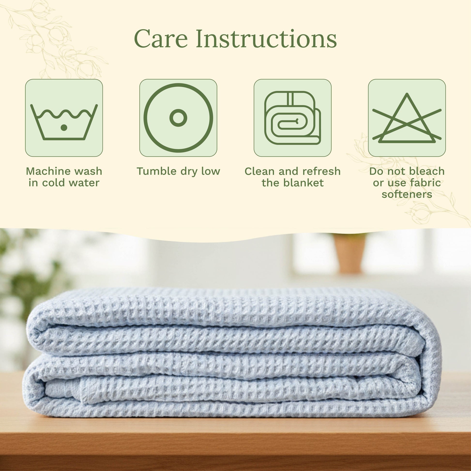 Waffle weave blanket stack, light blue folded with thick folded edges