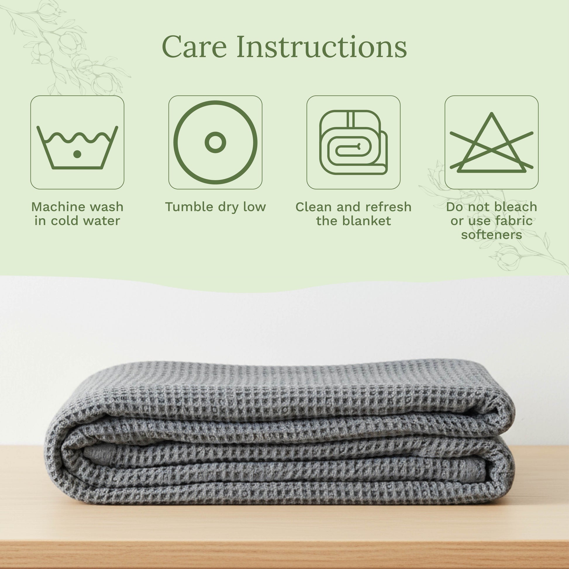 Waffle weave blanket, folded gray with textured waffle pattern