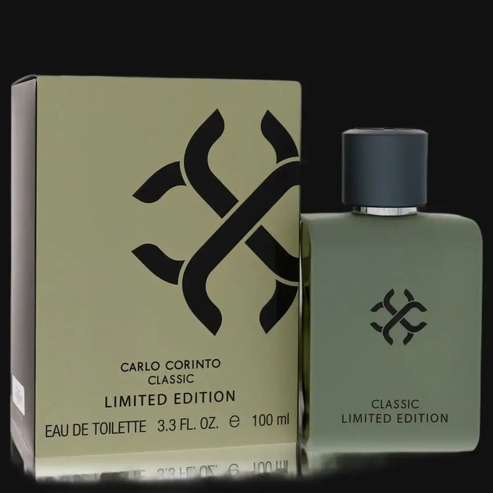 Men's cologne bottle and box, dark cap and green glass, Classic Limited Edition