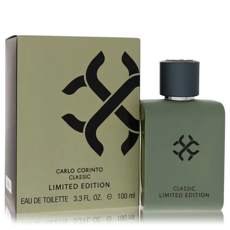 Men's cologne box with matching bottle, dark cap over green glass, Classic Limited Edition