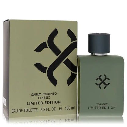 Men's cologne box with matching bottle, dark cap over green glass, Classic Limited Edition