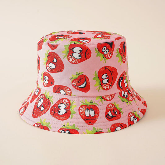 Cartoon strawberry pattern fisherman hat trendy double-sided wear creative basin hat cover face breathable cap sunscreen sunshade hat - Renee Lane Company