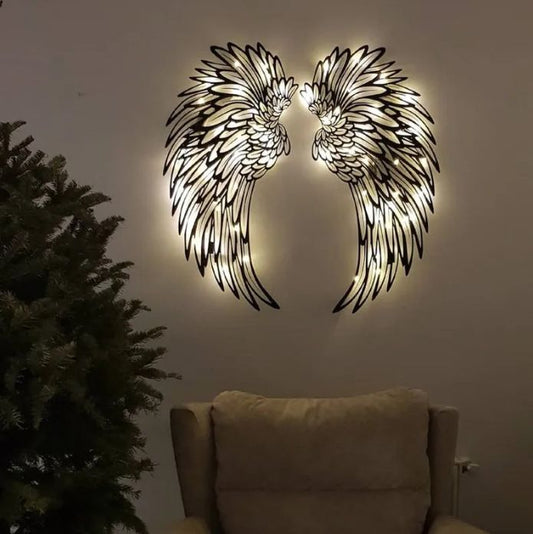 Carved Metal Wall Decor Art With Light Angel Wings Decoration - Renee Lane Company